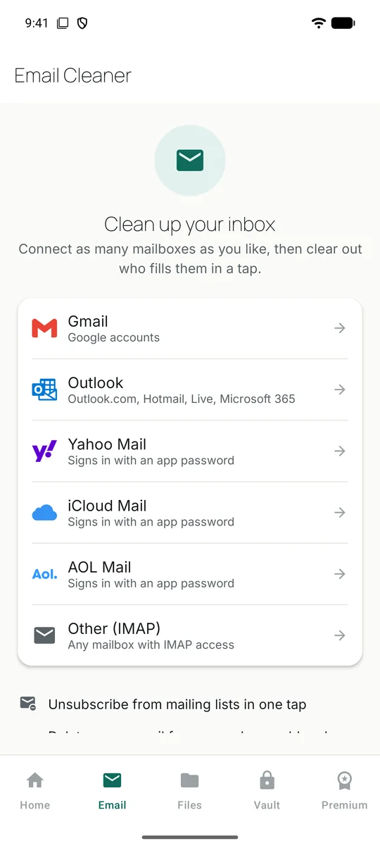 Email cleaner screen listing Gmail, Outlook, Yahoo, iCloud, AOL and IMAP