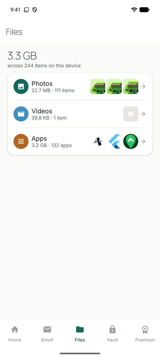 Files screen showing Photos, Videos and Apps with sizes and thumbnails