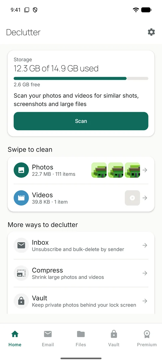 Declutter home screen showing storage used, a Scan button, and Photos and Videos rows with thumbnails